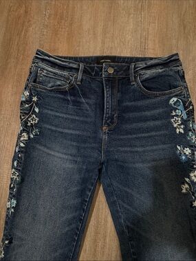 DRIFTWOOD Dark Blue Straight Leg Jeans with Floral Embroidery